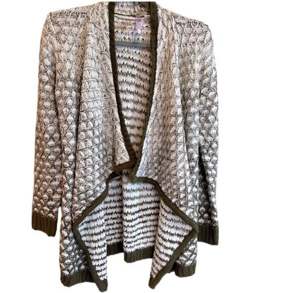 Alya sweater size small olive green and white textured knit waterfall cardigan - Picture 1 of 11